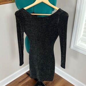 Lulus Gift of Love Black and Silver Backless Long Sleeve Bodycon Dress